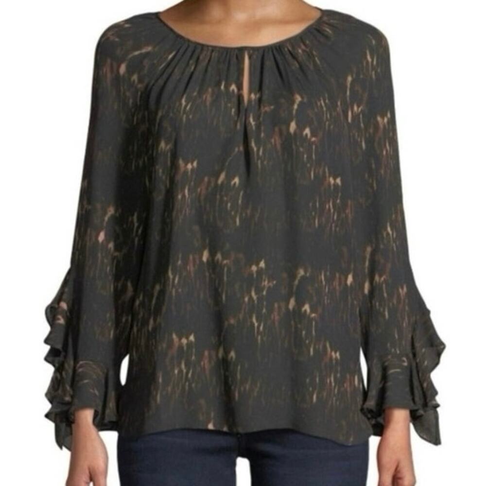 Womens Kobi Halperin Silk Ruffle Sleeve Blouse Black Patterned Size S EUC!